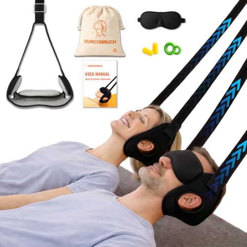 Durchbruch Neck Stretcher Hammock for Neck Pain Relief & Tension, 3-Level Adjustable Cervical Traction Device with Removable Cushions, Silicone Protectors, Eye Mask, Earplugs & Storage Bag