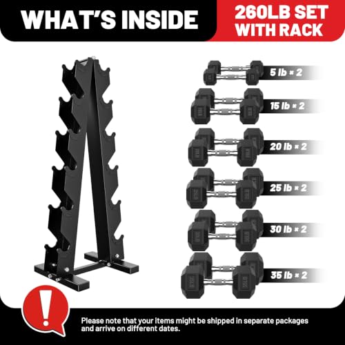 Hex Dumbbell Sets with Rack, 85-560lb Dumbbell Weight Set & Storage Rack | PAPABABE Dumbbell Set with Stand, Rubber Dumbbell Weight Set, Multiple Options Hand Weight for Strength Training - size: 260lb (5, 15, 20, 25, 30, 35lb)x2& Rack