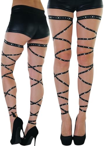 ToBeInStyle Women's Leg Wraps Ravewear Dancewear Elastic Straps Party Garter Music Festivals Costume Accessory Thigh High - color: Footless Criss Cross Tie W/ Abundant Rhinestones - Black, size: One Size