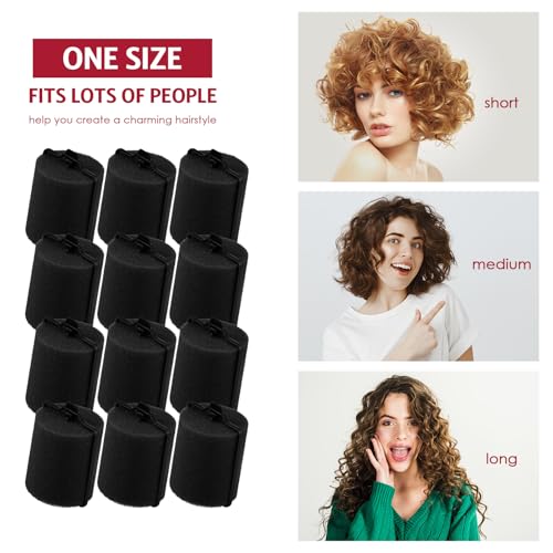 Syhood 12 Pcs Jumbo Foam Sponge Hair Rollers 1.89 Inch Soft Sleeping Curlers Flexible Large Foam Rollers and Rat Tail Comb for Hair Styling (Black) - color: Black