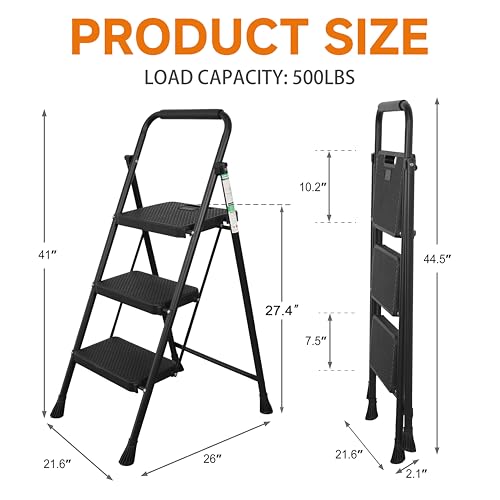 Arbusb Step Ladder, Folding Step Stool with Wide Anti-Slip Pedals, Sturdy Steel Ladder with Handrail, Space-Saving, Portable for Home & Adults, 3 Step Ladder - size: 3-step