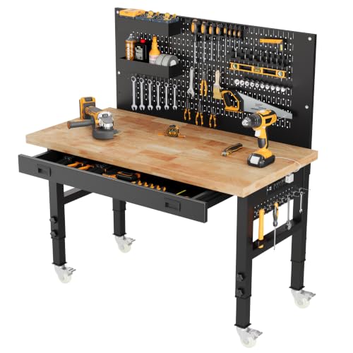 48" Heavy Duty Workbench with Storage, Adjustable Height Garage Workbench 29.9"–39.6", 1.2" Solid Wood Top Work Table, Reinforced Steel Frame, Workshop Table with Power Strip & Pegboard Option - size: 48"丨Integrated Storage