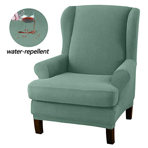 Granbest Premium Water Repellent Wingback Chair Cover 2-Piece High Stretch Jacquard Fabric Wing Back Chair Slipcovers (Wing Chair Cover, Matcha Green) - color: Matcha Green