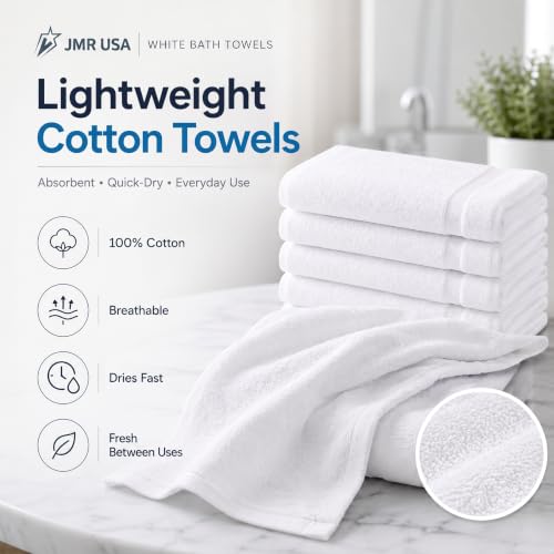 JMR White Bath Towels Bulk Pack of 12 (20x40) - 100% Cotton Lightweight & Quick-Dry Cotton Towels for Hotel, Rental Properties, Gym & Commercial Uses - color: White-12 Pcs, size: 20X40