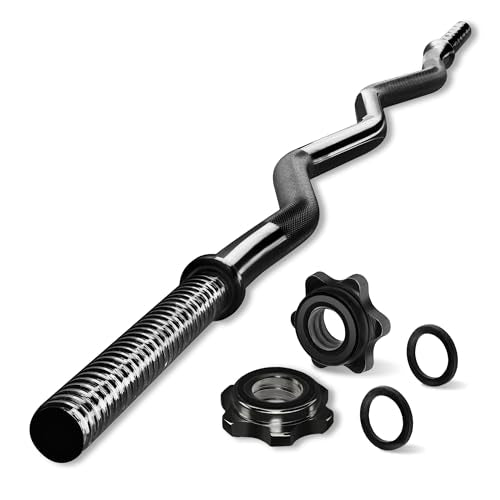 Yes4All Standard Straight Barbell 60" & EZ Curl Bar 47", Capacity 200 to 480 LB, Weight Bar 1" to 2" Diameter - Star Lock Collars, Rubber Ring, Barbell Spins Included for Deadlifts & Squats - color: D. 1" Curl Bar - Black, style: B. Curl Bar 1"