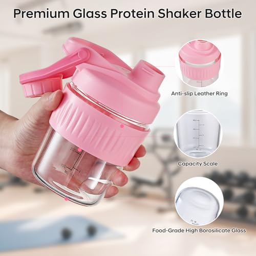 12oz Glass Shaker Bottle for Protein, Small Borosilicate Glass Protein Powder Leak-Proof Shaker Cup Mixes with 304 Blending Ball(12oz,Pink) - color: 1 Pack-Pink, size: 12oz