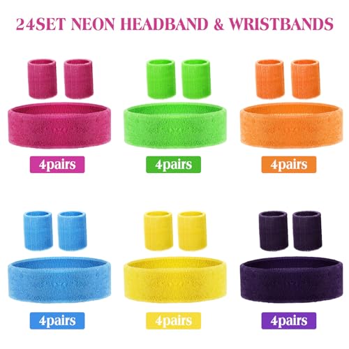 72 Pcs 80s Neon Headbands Sweatband Set, Include 24 Sports Headbands and 48 Sweat Wristbands Bulk for Woman Man - style: Stylish