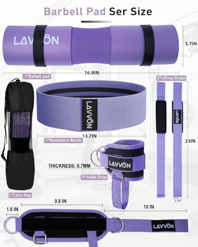7Pcs-Barbell Pad Set for Hip Thrust - Squat Pad, Bench Press Workout Foam Weight Lifting Bar Cushion,Gym Accessories for Women with Bar Bad,with Gym Ankle Straps,Hip Resistance Bands,Lifting Strap - color: Purple