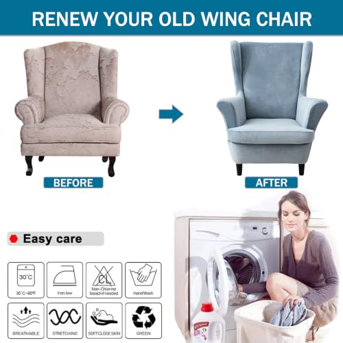 NILUOH Thick Velvet Wingback Chair Slipcovers 2-Piece, Stretch Wing Chair Covers Soft Sofa Slipcover Wing Back Armchair Cover Furniture Protector for Living Room - color: Foggy Blue