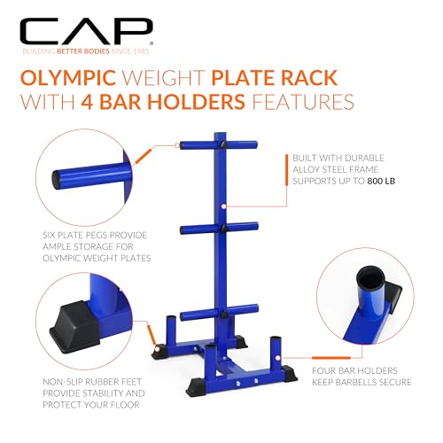 CAP Olympic Bumper Plate Tree Rack with Barbell Holders, Heavy-Duty Weight Plate Storage Rack for Home Gym, Steel Olympic Plate Organizer Stand, Multiple Color & Size Options - color: Blue, size: 6-Plate Posts / 4 Bar Holders