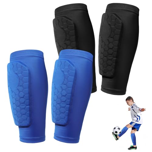 2 Pairs Soccer Shin Guards Shin Pads for Kids Youth Adult | Protective Calf Compression Sleeve with Honeycomb Pads, for Boys Girls, for Football, Ski, Baseball - color: Black+Blue, size: Large