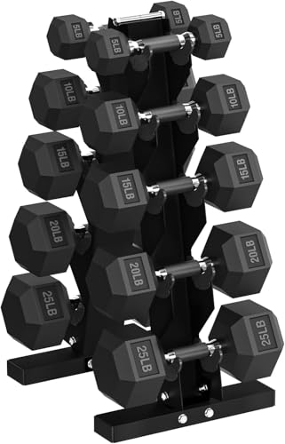 HANDBODE Hex Dumbbell Set with Vertical Storage Rack, 100–550 lb | Non-Slip Handle Design for Secure Grip, Rubber Encased Dumbbells, Hand Weights for Strength Training and Home Gym - style: 150 lb (5, 10, 15, 20, 25 lb) X 2 & Rack