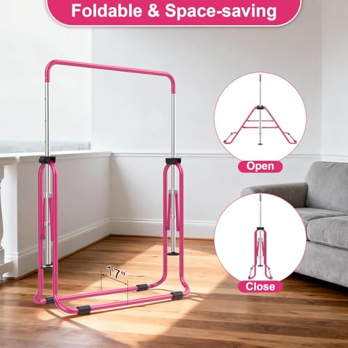 SHIWEI Gymnastics Bar for Kids, Gymnastic Kip Bar 5-Height Adjustable Home | Foldable, Indoor Outdoor Use, 140lb Capacity, for Ages 3-8, with Gymnastics Rings, Anti-Slip & Space-Saving Design - color: Pink with mat