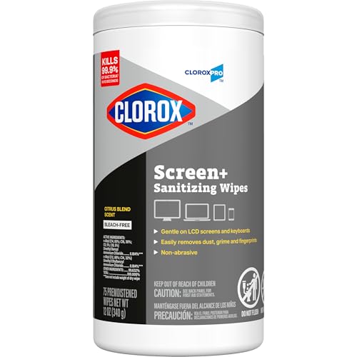 CloroxPro Clorox Screen+ Sanitizing Wipes, Disinfecting Wipes for Electronics, Gentle on Phones, Tablets, LCD Screens, Laptops and Sensitive Surfaces, Citrus Blend Scent, 1 Canister, 75 Wipes, 6 Pack - size: 75 Count (Pack of 6)