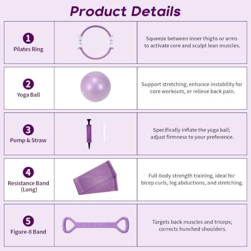 Hoikwo Purple TPE Pilates Kit for Home Workout, Complete Set with Pilates Ring, Resistance Bands, Yoga Ball, TPE Bands, TPR Massage Ball, Sliders, Along with an 8-Shape Band and Non-Slip Socks