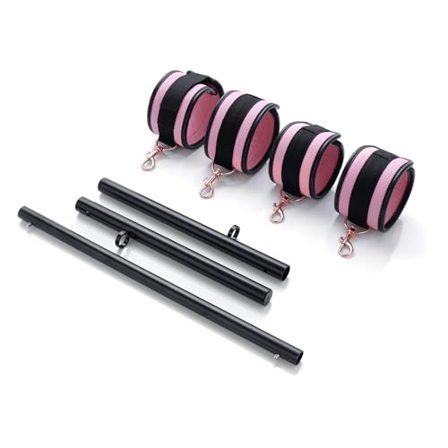 Spreader Bar Heavy Duty Stainless Steel Expandable Bar Home Gym with 4pcs Furry Crocodile Adjustable Strap,Sports Aid Training Pilates Aid Kit,Indoor Yoga Set - style: Black+Pink PU Kit