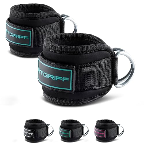 Fitgriff® Ankle Straps V3 for Cable Machine (2 Pieces) - Gym Workout Equipment - Leg Pulley Attachment, Kickback Straps - color: Black/Cyan