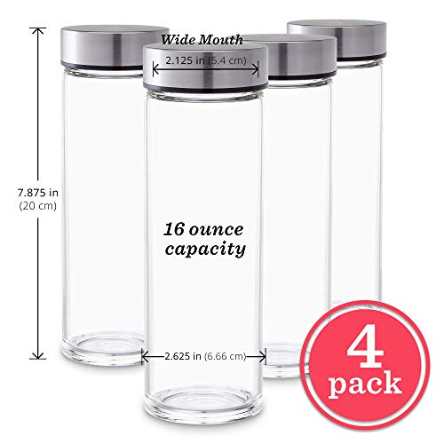 Juice Bottles - 4 Pack Wide Mouth Glass Bottles with Lids - for Juicing, Smoothies, Beverage Storage - 16oz Glass Water Bottles, BPA Free, Stainless Steel Lids, Leakproof, Reusable, Borosilicate - size: 16 Ounces