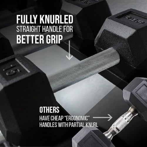 REP Fitness Rubber Hex Dumbbell Set, Adjustable Weight Pairs, Home Gym Equipment, Strength Training For Men Women, Black Coated Grips, Workout Rack Storage Optional, Heavy Lb Free Weights