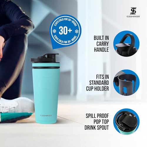 Ice Shaker Insulated Stainless Steel Shaker Bottle | 26oz, Mint | Cold for 30+ Hours | Insulated Cup with Twist-on Agitator | Odor-Free Bottle for Protein Shakes, Water, Smoothies, Cocktails - color: Mint