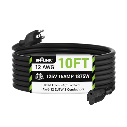 BN-LINK 10ft Outdoor Extension Cord, 12/3 SJTW Heavy Duty Power Cord, 3-Prong Grounded Plug, Weather Resistant, 15A, 1875W, Black, for Lawn, Garden, Appliances, ETL Listed - color: Black, size: 10FT