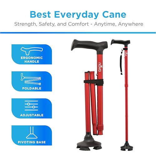 NOVA Foldable Quad Cane for Seniors, Self Standing Adjustable Walking Cane with Pivoting Quad Tip, Lightweight Collapsible Mobility Aid, Bonus Carry Pouch & Replacement Tips, Red - color: Red