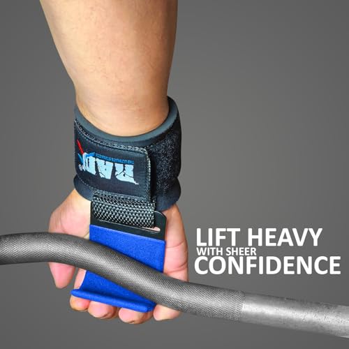 RAD Weight Lifting Hooks (Pair) Comfortable Anti-Rip Nylon Strap Extra Strong Hand Grips for Men & Women Powerlifting Heavy Duty Thick Wrist Padding Gym Workout Enhancer for Power Deadlift Pull Up - color: Blue