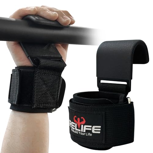 RELIFE REBUILD YOUR LIFE Lifting Hooks for Men and Women(Pair) | Pull Up Straps , Gym Reapers Lifting Wrist Grips, Heavy Powerlifting, Lifting Hooks for Weight Lifting