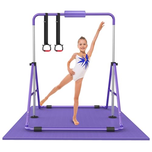 RINREA Gymnastic Bars for Kids, Adjustable Height Horizontal Bar for Home | 5-Height 35"-51", Foldable & Space-saving, Indoor Outdoor Training Kip Bar, with Gymnastics Rings & Gymnastics Pad - color: Purple with Mat