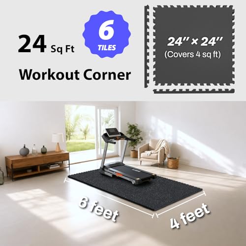 AIRHOP 1'' Ultra-Thick 24 Sq Ft Rubber Top Gym Flooring for Home Gym | 6 Tiles, High Density EVA Foam, Waterproof & Non-Slip Rubber, Interlocking Puzzle Mats, Heavy Duty Floor Protection, 24"x24" - color: Black, size: 24 Sq Ft (6 Tiles)