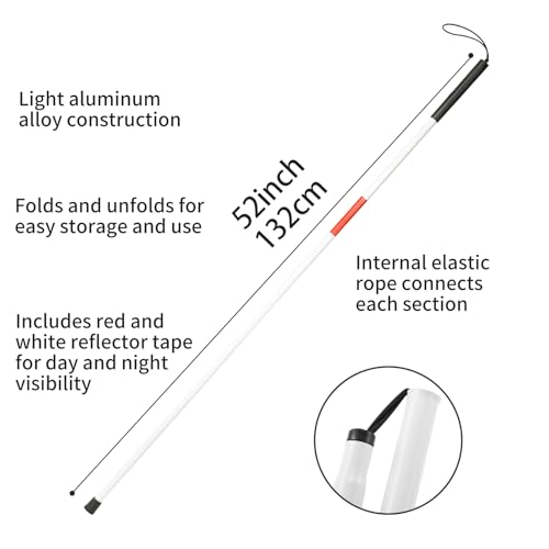 Folding Blind Cane Reflective Red Folding Walking Stick for Vision Impaired and Blind People, Lightweight, Non-Slip (52inch)