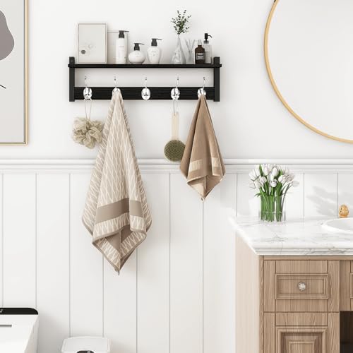 Homode Coat Rack Wall Mount with Shelf, 24" Long Entryway Shelf with Hooks Underneath, Wooden Coat Hanger for Hanging Hats, Bathroom Towels, Clothes, Black - color: Black, size: 24 Inch Long