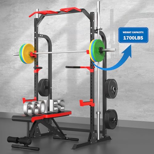 SunHome Power Cage Squat Rack, Power Rack with Pulley System, Adjustable Cable Crossover System, J-Hooks, Dip Handles, Weight Plate Storage - color: S5 with Bench