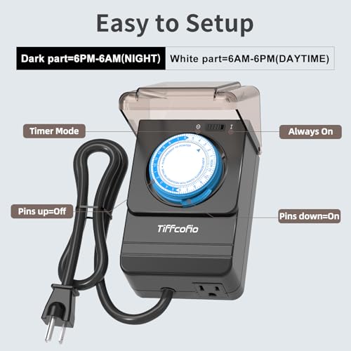 TiFFCOFiO Outdoor Timer Outlet Waterproof, 24 Hour Mechanical Light Timer Outdoor, 2 Grounded Outlets for Home and Garden, 15A 1/2HP, Heavy Duty, ETL Listed (15 Min Interval)