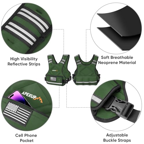 APEXUP Adjustable Weighted Vest, 4-10lb/12-18lb/20-32lb Vest with 6 Ironsand Weights and Large Pocket, Weight Vest for Men Women Strength Training, Running, Walking - color: Green, size: 20-32lbs