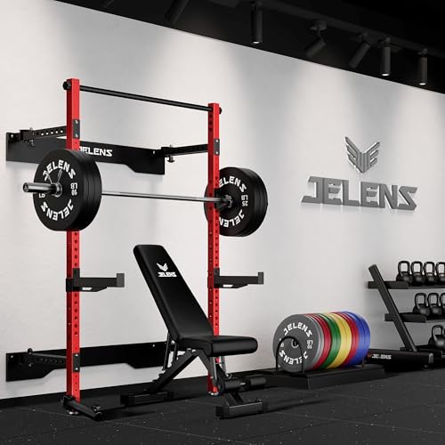 JELENS FS01 Folding Squat Rack, Wall Mounted Power Rack for Home Gym, Space Saving Multi-Functional Power Cage with More Attachments - color: Red, size: FS01 Squat Rack