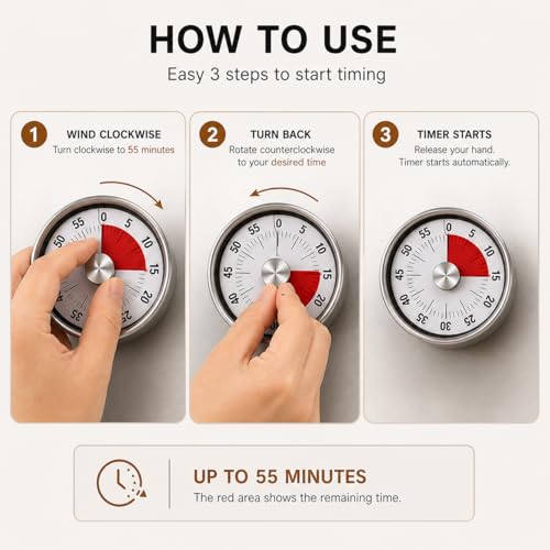 Stainless Steel Sauna Timer, 55 Minute Mechanical Spa Clock, No Battery Self Winding Timekeeper for Sauna Rooms, Steam Rooms, Hot Tubs, Gyms and Home Relaxation