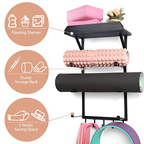Yoga Mat Holder Wall Mount,17" x 28" Yoga Mat Rack Home Gym Accessories, Storage for Foam Roller, with Wood Floating Shelves for Hanging Yoga Strap and Resistance Bands - color: Vintage Black