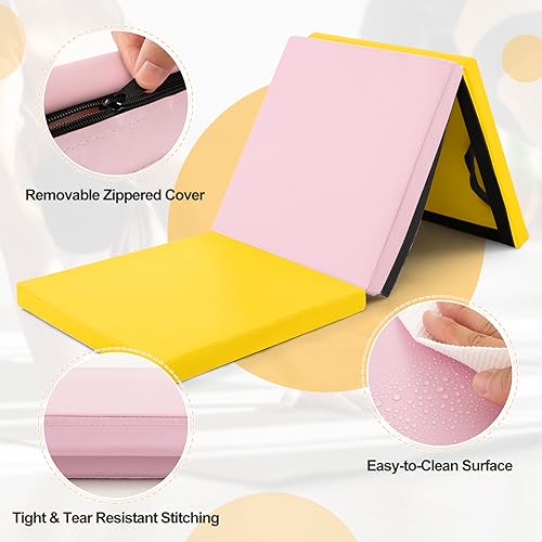 Goplus Folding Gymnastics Mat, 6’ x 2’ x 2’’ Thick Tri-Fold Exercise Tumbling Mat w/Carrying Handles, Hook & Loop Fastener, Gym mats for Home Fitness Yoga Aerobics Workouts Martial Arts - color: Yellow + Pink