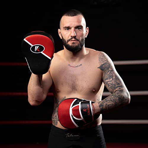 Kruzak Premium Boxing Gloves and Focus Mitts Set for Kickboxing and Muay Thai MMA Training| Focus Pads and Training Gloves | Fitness Kit for Martial Arts & Karate | 08, 10, 12, 14, 16 oz Gloves - color: Black and Red, size: 16 oz