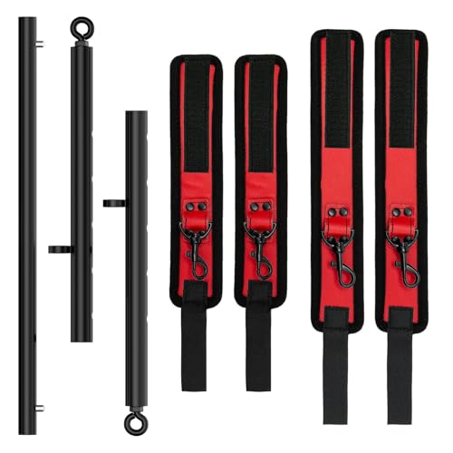 3 in 1 Heavy Duty Stainless Steel Expandable Spreader Bar with 4pcs PU Rose-Gold Adjustable Straps,Workout Bar for Home Gym Training Bar,Portable Detachable Pilates Kit - style: Black+Black-Red Furry Kit