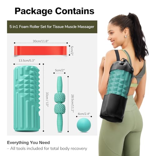5 in 1 Foam Roller Set - Back Roller Foam, Massage Roller Stick, Massage Ball, Resistance Band for Physical Therapy & Deep Tissue Muscle Massage (Green) - color: Green