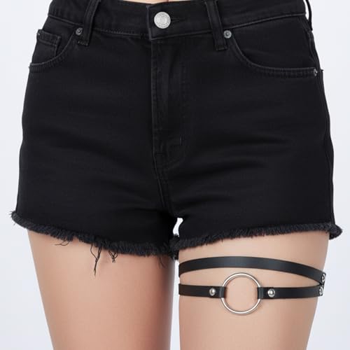 2Pcs PU Leather Women's Gothic, Elastic Punk Thigh Straps for Ladies, Double Straps Heart O Ring Leg Thigh Elastic Garter Belt, Black