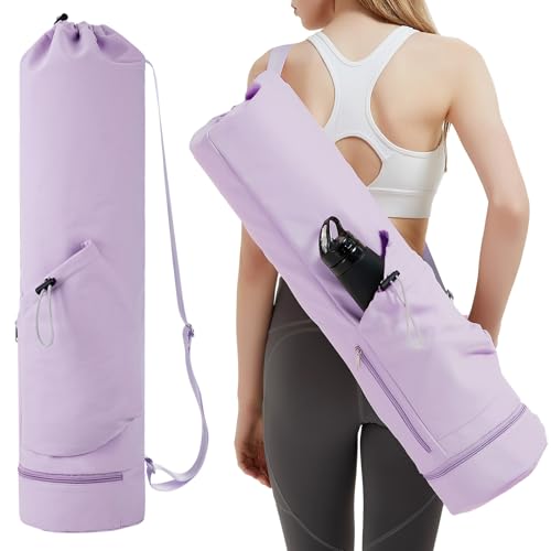 sportsnew Yoga Mat Bag with Water Bottle Pocket & Wet Pocket for Women | Yoga mat carrier fits 1/8"-3/8" yoga mats, quick-access multi-pocket organization, lightweight for gym, Pilates & studio - color: Purple, size: Medium