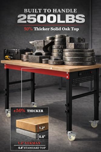 60" Heavy Duty Workbench, 2500 LBS Load Capacity Work Bench with 1.2" Laminated Oak Wood Top & Reinforced Steel Frame, Adjustable Height Work Table for Garage, Workshop, Office, Home (Casters) - size: 60"丨Casters