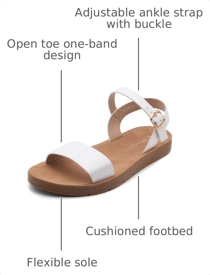Herstyle Flat Sandals for Women – Open Toe 1 Band Ankle Strap Summer Dressy Sandals, Lightweight Casual Strappy Slip-On Flats with Adjustable Buckle - color: White, size: 7