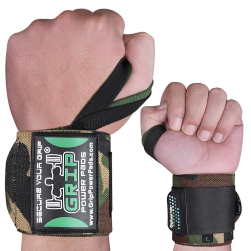 Grip Power Pads Wrist Wraps 2 Wraps for Weight Lifting Wrist Support Cotton Wraps Gym Bandage Straps for Men & Women Premium Quality & PRO Rubber - color: Camouflage, size: 18""
