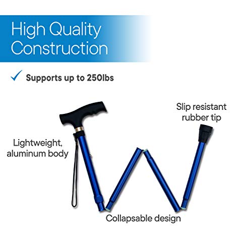 RMS Folding Cane - Foldable Walking Cane with Adjustable Height - Collapsible and Lightweight - Soft Ergonomic Handle for Comfortable Grip - Portable Walking Stick for Mobility Aid - color: Blue