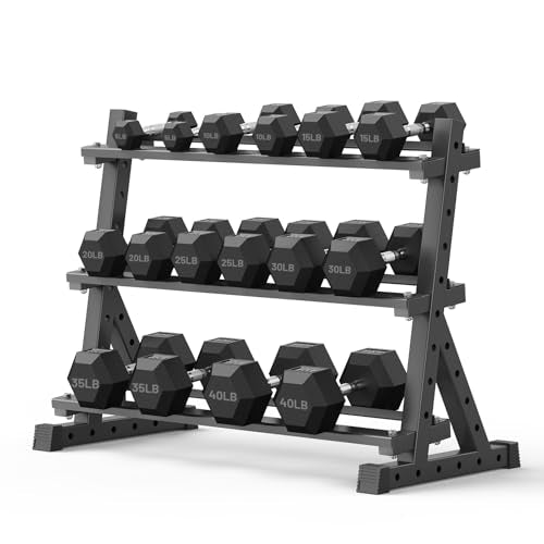 PAPABABE Dumbbell Set with Rack Dumbbells Rubber Encased Home Gym | PAPABABE Complete & Durable Cast Iron Core Odorless PVC Antiroll Hex Shape Ergonomic Chrome Handle Versatile Home Gym - size: 360LB with 3-Tier Weight Rack