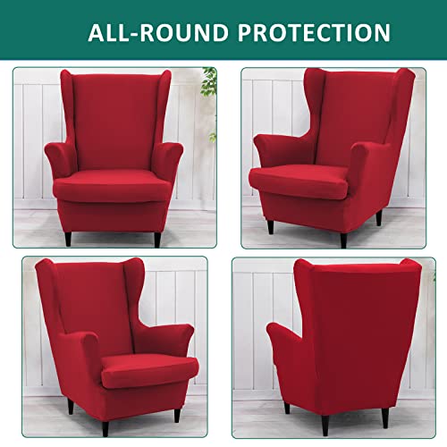 NILUOH Wingback Chair Cover 2-Piece Soft Stretch Wing Chair Slipcover Solid Color Armchair Sofa Couch Cover Furniture Protector with Elastic Bottom for Living Room Bedroom (Red) - color: Red